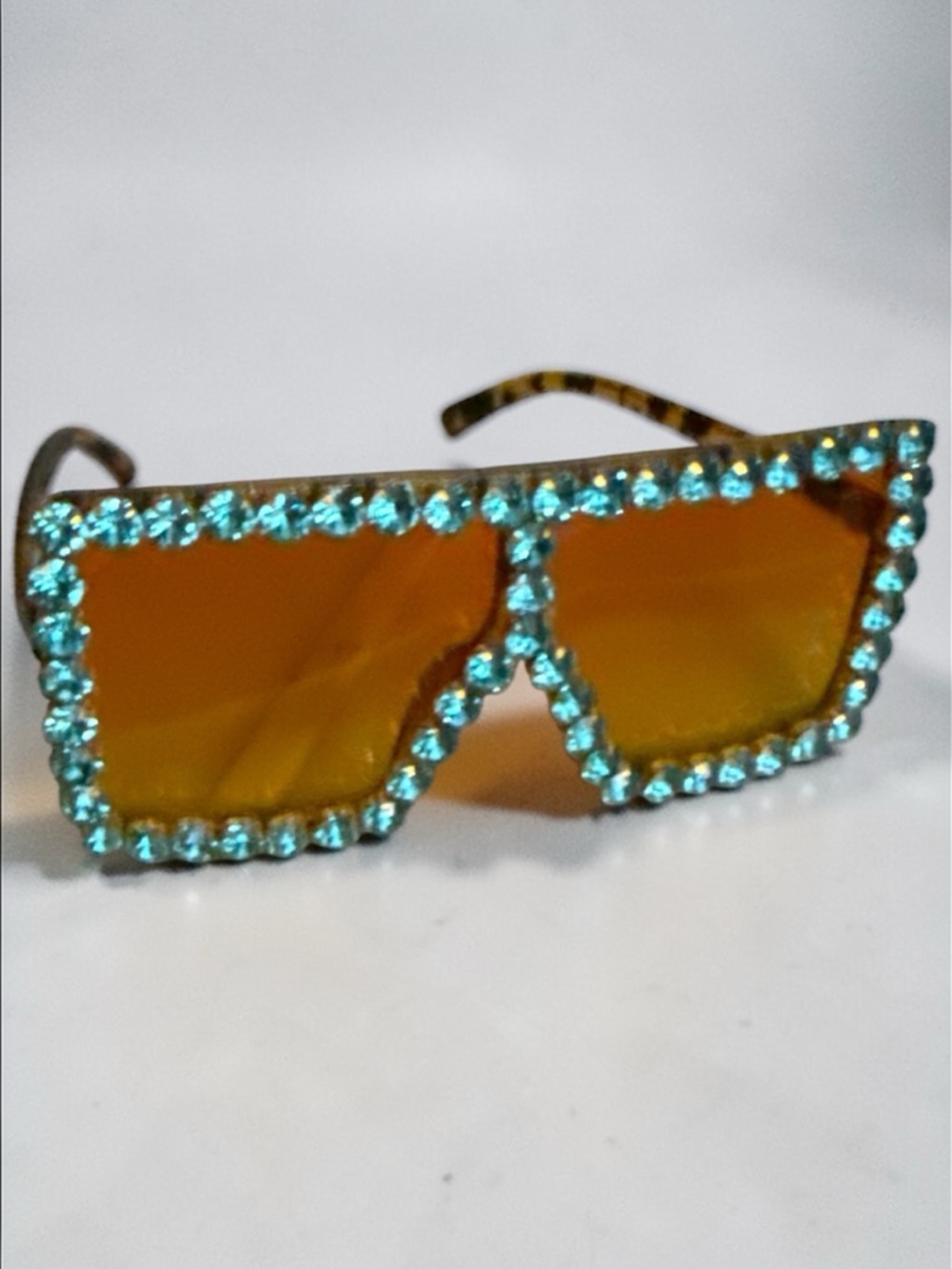 Embellished Oversized Amber Lens Sunglasses with Aqua Crystal Trim